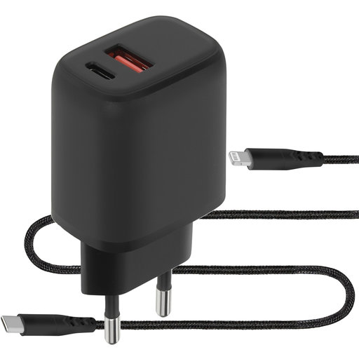 Wall Charger Dual USB-C/USB-A with Lightning Cable Black