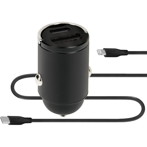 Car Charger Dual USB-C/USB-A with Lightning Cable Black