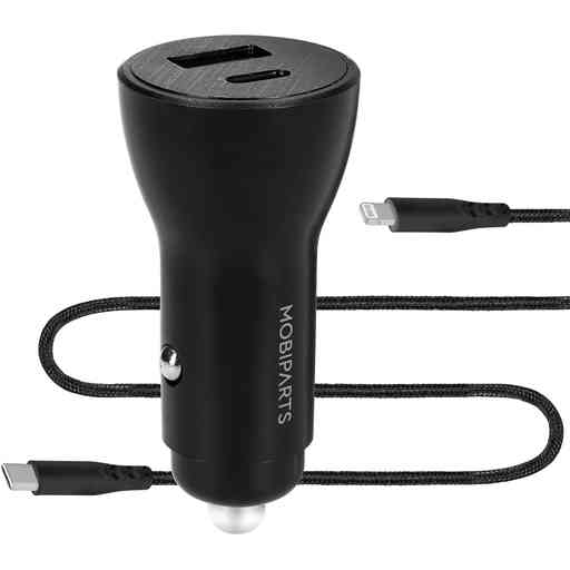 Mobiparts Car Charger Dual USB-C/USB-A with Lightning Cable Black