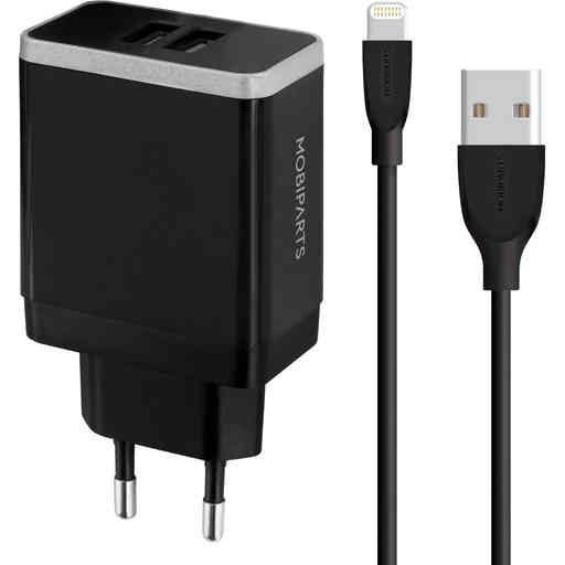 Mobiparts Wall Charger Dual USB 12W/2.4A + Lightning Cable Black