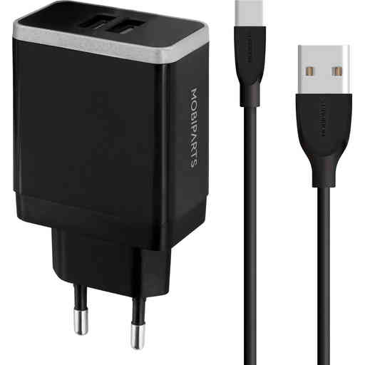 Mobiparts Wall Charger Dual USB 24W/4.8A + USB-C Cable Black